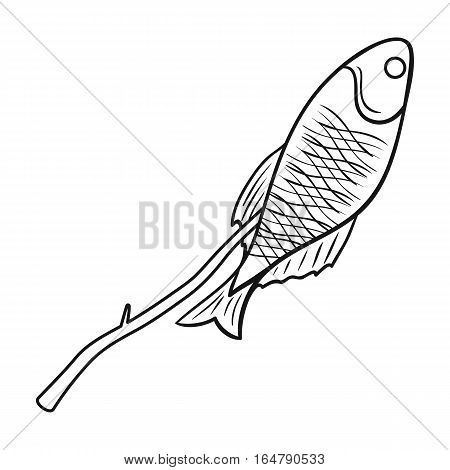 Fried fish icon in outline design isolated on white background. Fishing symbol stock vector illustration.