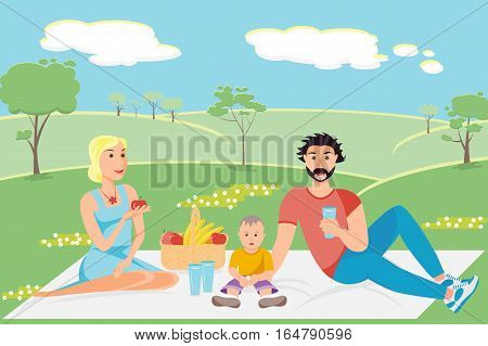 Illustration of a happy family having a picnic in the park, outdoor. Vector illustration. eps10