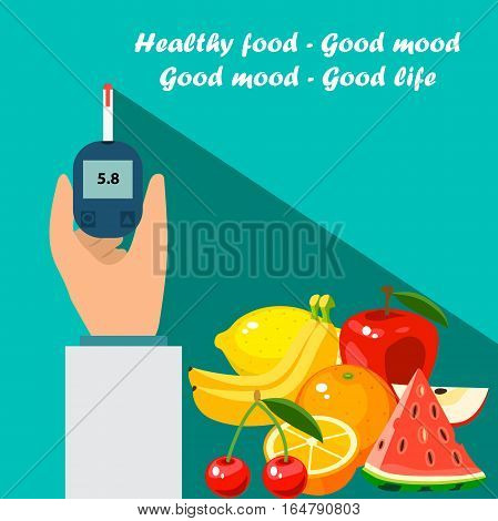 Very high quality original trendy vector flat illustration Blood test or glaucometer, glucose meter with healty food