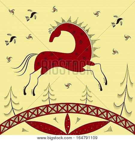 Abstract ethnic pattern tribal background, red horse. Mezen painting. Vector illustration. eps10