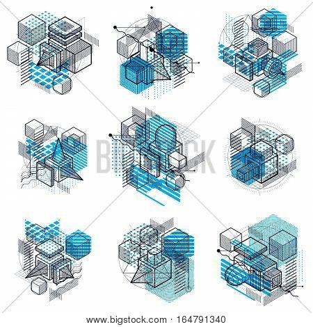 Isometric Abstractions With Lines And Different Elements, Vector Abstract Backgrounds. Compositions