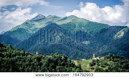 Ushguli, Georgia - August 3, 2015: Small village looking at Greater Caucasus mountains in Ushguli region, Georgia