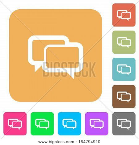Chat bubbles flat icons on rounded square vivid color backgrounds.