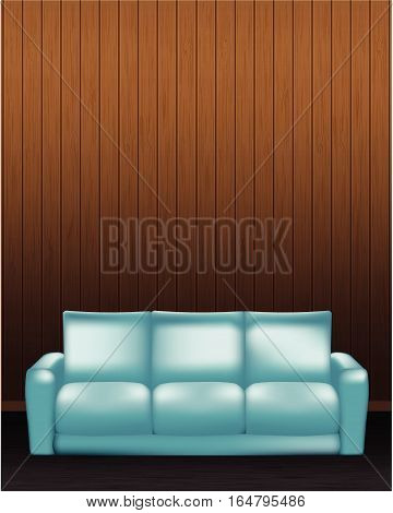 Wooden wall and blue sofa in front - vector illustration
