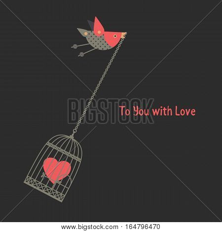 Romantic love poster. Flying bird hanning cage with red heart. Freehand drawn fancy cartoon style. Vector vintage greeting card template with Valentine day symbol, lovers weeding banner background