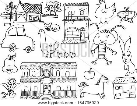 children's drawing on white background in doodle style. Hand draw vector illustration.