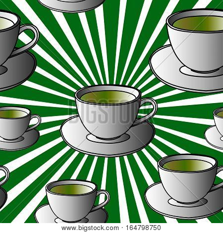 cups of tea pop art on green stripes background Vector