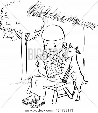 Cute Muslim boy sitting reading a book with a goat. Hand drawn cartoon sketch vector illustration