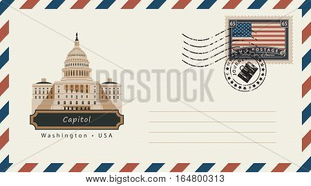 an envelope with a postage stamp with Washington Capitol and the flag of United States of America