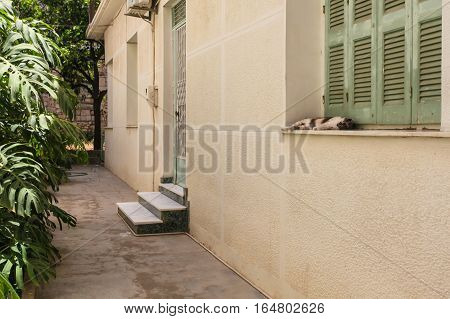 Rethymnon, Island Crete, Greece - July 1 2016: Sleeping cat on the window in Greek yard in hot summer day in city Rethymnon (part of Old Town)