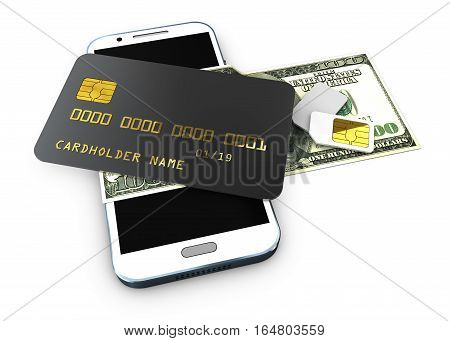 3D Illustration Of Detailed Black Locked Credit Card On The Phone With Simcard Isolated White Backgr