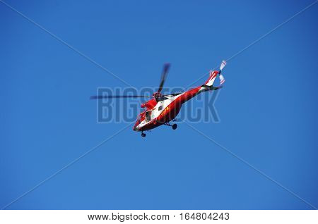 Tatra Mountains, Poland, August 8, 2012. Helicopter TOPR mountain rescue service in the High Tatras