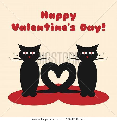 A pair of cats with their tails in the form of heart. Text Happy Valentine's Day! Greeting card. Red black.