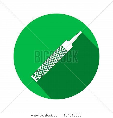 Tool icon. Chisel, rasp file, grater instrument. Industrial, fixing, support hardware service symbol. White sign on round green flat button. Vector