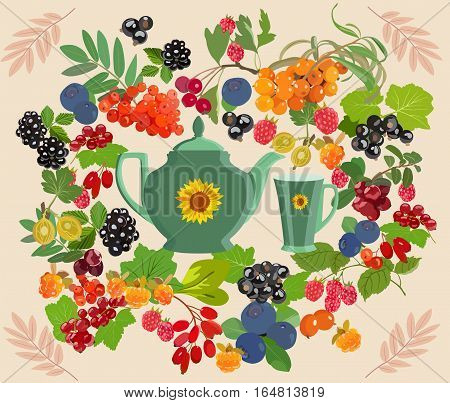 Colorful set of cup and teapot with different berries tea.