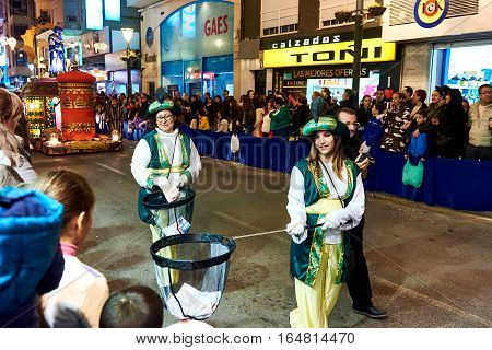 Torrevieja Spain - January 5 2017: Cavalcade of the Magi parade or The night of the Three Wise Men in downtown of Torrevieja. The Cavalcade of Magi attracts thousands of visitors every year.