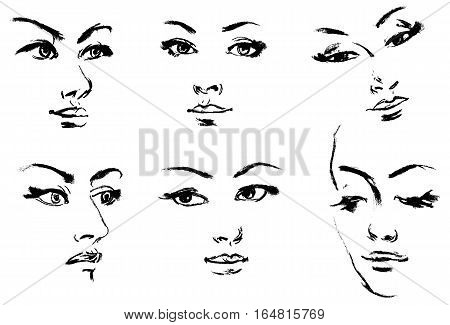 Female silhouette. Portrait of beautiful girl. Hand-drawn. Drawing in pencil. Vector illustration