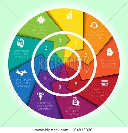 Template cyclic diagramme for Infographic nine position Area chart ring arrows pie chart