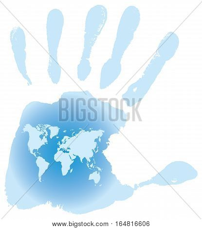 Handprint with six toes, map of the World, vector
