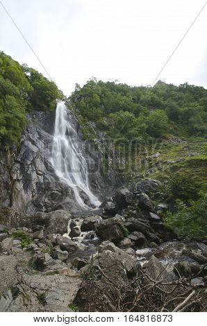 Aberfalls waterfall, rock face, trees abergwyngregyn wales