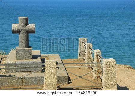 Grave of Francois-Rene de Chateaubriand on the island of Grand Bé off the coast of Saint Malo, France
