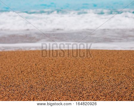 Beach sand turquoise sea. Beach sand perspective coastline shore