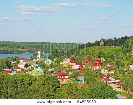 PLES IVANOVO REGION RUSSIA - JUNE 2016: View from Cathedral Mountain on a cute country town. One of the most famous small towns on the Volga River a favorite vacation spot of people artistic environment of XIX century