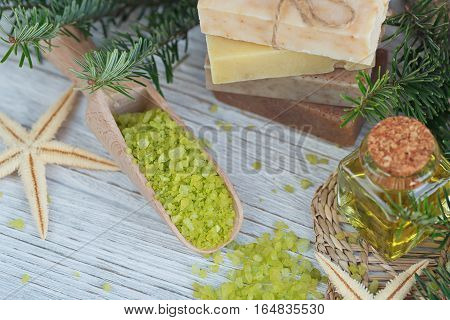 Natural Sea Salt And Handmade Soap Branch Of Pine