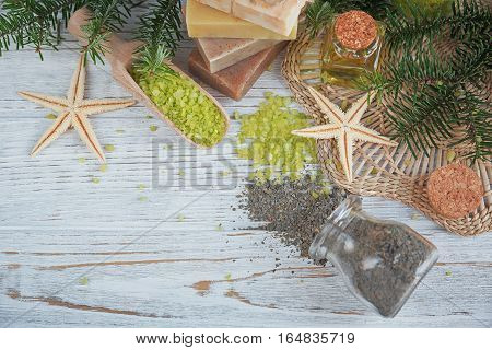 Natural Sea Salt And Handmade Soap Branch Of Pine