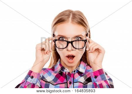 Oho! Shocked Pretty Woman Touching Her Glasses
