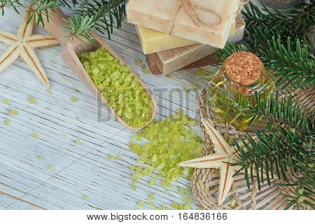Natural Sea Salt And Handmade Soap Branch Of Pine