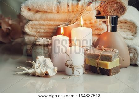 Composition of spa treatment with homemade soap. Spa concept.