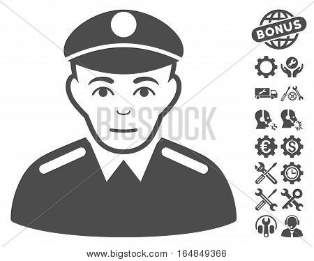 Soldier icon with bonus service pictograms. Vector illustration style is flat iconic gray symbols on white background.