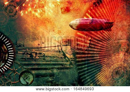 Vintage steampunk design background with airship, clocks, fireworks and steam engine elements. Grunge textured digital photo illustration. Orange and cyan tones.