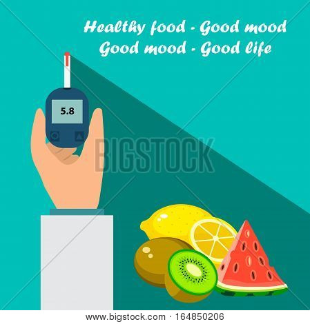 Very high quality original trendy vector flat illustration Blood test or glaucometer, glucose meter with healty food