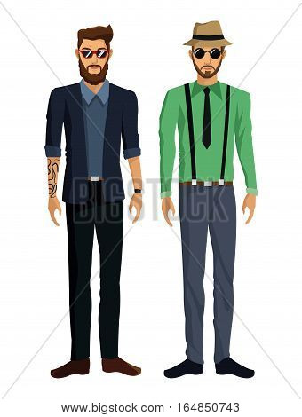 two men bearded look hat sungalsses tattoo vector illustration eps 10
