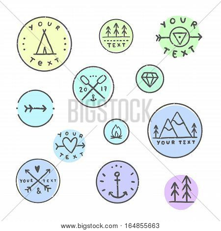 Set of hipater badges. Camping tribal etc. Line art.