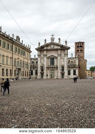 MANTUA, ITALY - MAY 2, 2016: Cathedral and Palazzo Bianchi on Sordello square in Mantua Italy.