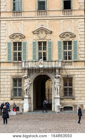 MANTUA ITALY - MAY 2 2016: Statue of Hercules at the entrance to the 18th century Palazzo Vescovile (Bishops Palace) in the historical center of Mantua Italy