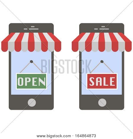 Mobile buying. Flat design. E-commerce flat design concept. Using mobile smart phone for online purchasing.