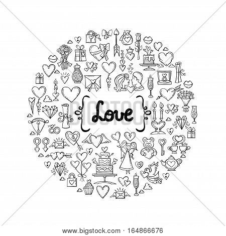 Cute decorative cover with hand drawn isolated symbols of Valentine's Day on white background. Illustration on the theme of love feelings relationships wedding. Vector background for use in design