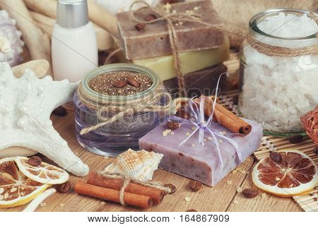 Composition of spa treatment on wooden background