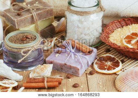 Composition of spa treatment on wooden background