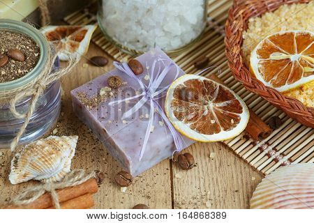 Composition of spa treatment on wooden background