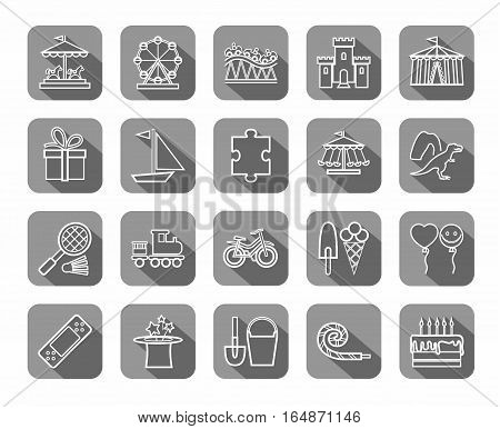 Children's games and entertainment, icons, grey, flat, line, vector. Vector icons of items and objects for children. Children's rest. White linear image on a gray background with shadow.
