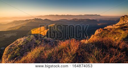 Mountain Landscape at Sunset. View from Mount Dumbier in Low Tatras Slovakia. West and High Tatras Mountains in Background.