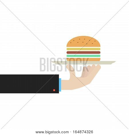 hand holding dish with hamburger. concept of gourmet, unhealthy gastronomy, servant, banquet, dine, luncheonette. isolated on white background. flat style trend modern design vector illustration