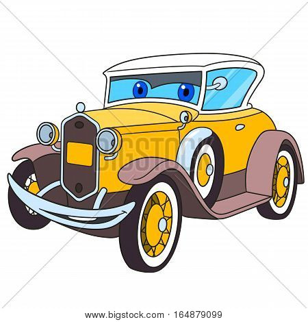 Cartoon vehicle transport. American luxury retro old car isolated on white background. Childish vector illustration and colorful book page for kids.