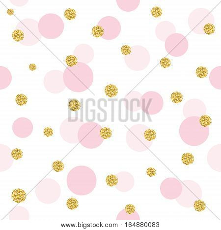 Glitter confetti polka dot seamless pattern background. Golden and pastel pink trendy colors. For birthday valentine and scrapbook design. Vector Ers10.