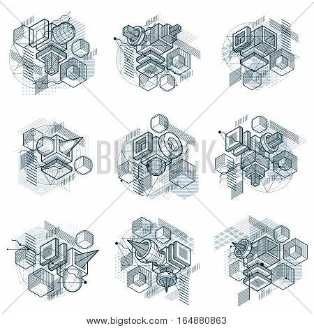 Vector Backgrounds With Abstract Isometric Lines And Figures. Templates Made With Cubes, Hexagons, S